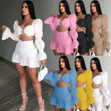 Sexy Solid Ruched Long Sleeve Crop Top Mini Skirt 2 Piece Sets AL-267