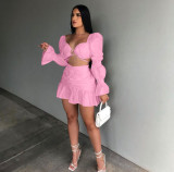 Sexy Solid Ruched Long Sleeve Crop Top Mini Skirt 2 Piece Sets AL-267