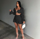 Sexy Solid Ruched Long Sleeve Crop Top Mini Skirt 2 Piece Sets AL-267