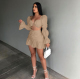 Sexy Solid Ruched Long Sleeve Crop Top Mini Skirt 2 Piece Sets AL-267