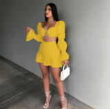 Sexy Solid Ruched Long Sleeve Crop Top Mini Skirt 2 Piece Sets AL-267