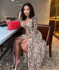 Snake Skin Print High Split Long Sleeve Maxi Dress ZSD-0427
