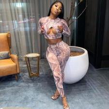 Sexy Printed Hollow Long Sleeve 2 Piece Pants Set WMEF-20777