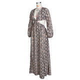 Snake Skin Print High Split Long Sleeve Maxi Dress ZSD-0427