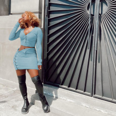 Solid Long Sleeve Mini Skirt Two Piece Sets MXDF-6062