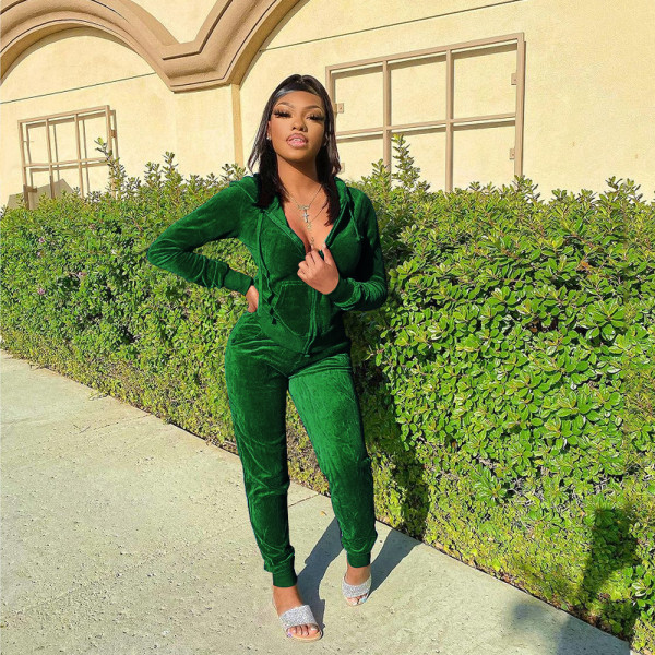 Plus Size Velvet Hooded Long Sleeve Zipper 2 Piece Sets HNIF-059