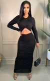 Sexy Solid Ruched Long Sleeve Slim Maxi Dress SFY-2145