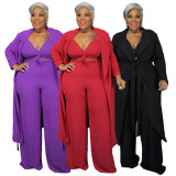 Plus Size Solid Halter Crop Top+Long Cloak+Pants 3 Piece Sets NNWF-7341