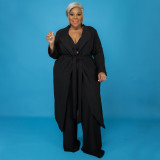 Plus Size Solid Halter Crop Top+Long Cloak+Pants 3 Piece Sets NNWF-7341