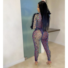 Snake Skin Print V Neck Bodysuit+Pants 2 Piece Sets LM-8289