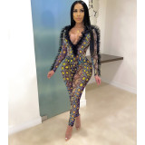 Snake Skin Print V Neck Bodysuit+Pants 2 Piece Sets LM-8289