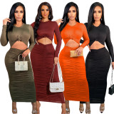 Sexy Solid Ruched Long Sleeve Slim Maxi Dress SFY-2145