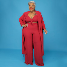 Plus Size Solid Halter Crop Top+Long Cloak+Pants 3 Piece Sets NNWF-7341