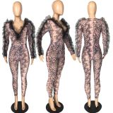 Snake Skin Print V Neck Bodysuit+Pants 2 Piece Sets LM-8289