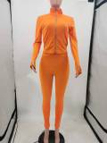Casual Solid Long Sleeve Zipper Two Piece Pants Set TK-6202