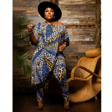 Plus Size Leopard Print Irregular Top And Pants 2 Piece Sets NNWF-7349