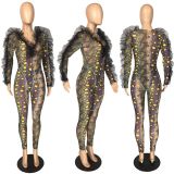 Snake Skin Print V Neck Bodysuit+Pants 2 Piece Sets LM-8289
