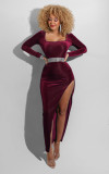 Sexy Velvet Long Sleeve Split Maxi Evening Dress (Without Belt) ZSD-0428