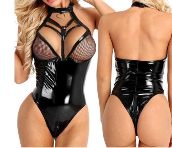 Sexy Halter One-Piece Black Patent Leather Hollow Erotic Lingerie  YQ-8123