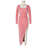 Sexy Velvet Long Sleeve Split Maxi Evening Dress (Without Belt) ZSD-0428