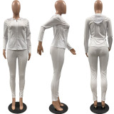 Solid Hooded Zipper Long Sleeve Two Piece Pants Set FSL-117-1