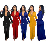 Solid Long Sleeve Buttons Maxi Dress SHD-9804