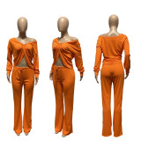 Solid V Neck Long Sleeve Two Piece Pants Set CHY-1265