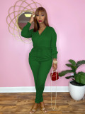 Solid V Neck Long Sleeve Drawstring Jumpsuit MXDF-6066