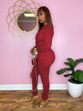 Solid V Neck Long Sleeve Drawstring Jumpsuit MXDF-6066