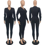 Solid V Neck Long Sleeve Drawstring Jumpsuit MXDF-6066