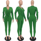 Solid V Neck Long Sleeve Drawstring Jumpsuit MXDF-6066