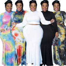 Plus Size Long Sleeve Top+Mermaid Long Skirt 2 Piece Sets WY-7113