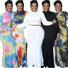 Plus Size Long Sleeve Top+Mermaid Long Skirt 2 Piece Sets WY-7113