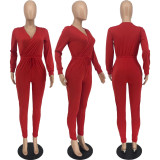 Solid V Neck Long Sleeve Drawstring Jumpsuit MXDF-6066