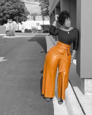 Plus Size PU Leather High Waist Belted Wide Leg Pants OD-8392-2