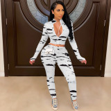 Casual Printed Long Sleeve Zipper 2 Piece Pants Set TE-4342