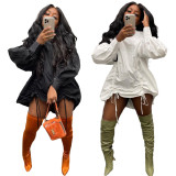 Solid Drawstring Long Sleeve Loose Mini Dress ORY-5213