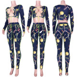 Plus Size Sexy Printed Lace Up Hollow 2 Piece Sets MDF-5267