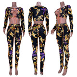 Plus Size Sexy Printed Lace Up Hollow 2 Piece Sets MDF-5267