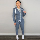 Solid Plush Hooded Zipper Coat And Pants 2 Piece Sets CH-8198