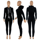 Solid Plush Hooded Zipper Coat And Pants 2 Piece Sets CH-8198