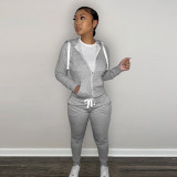 Solid Plush Hooded Zipper Coat And Pants 2 Piece Sets CH-8198
