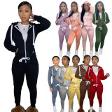 Solid Plush Hooded Zipper Coat And Pants 2 Piece Sets CH-8198