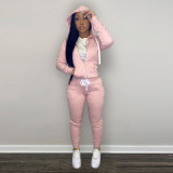 Solid Plush Hooded Zipper Coat And Pants 2 Piece Sets CH-8198