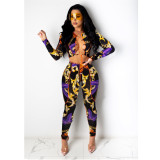 Plus Size Sexy Printed Lace Up Hollow 2 Piece Sets MDF-5267