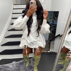 Solid Drawstring Long Sleeve Loose Mini Dress ORY-5213