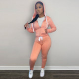 Solid Plush Hooded Zipper Coat And Pants 2 Piece Sets CH-8198