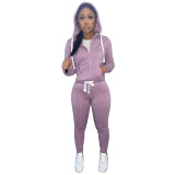 Solid Sports Hooded Zipper Thick 2 Piece Pants Set FSL-F179