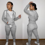 Solid Sports Hooded Zipper Thick 2 Piece Pants Set FSL-F179