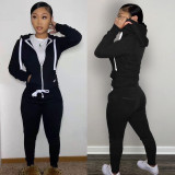 Solid Sports Hooded Zipper Thick 2 Piece Pants Set FSL-F179